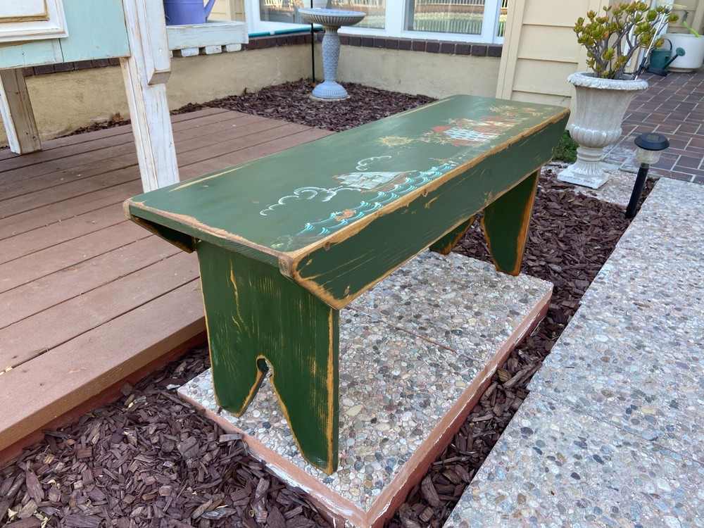 Vintage Handcrafted Scenic Bench w/Handpainted Design