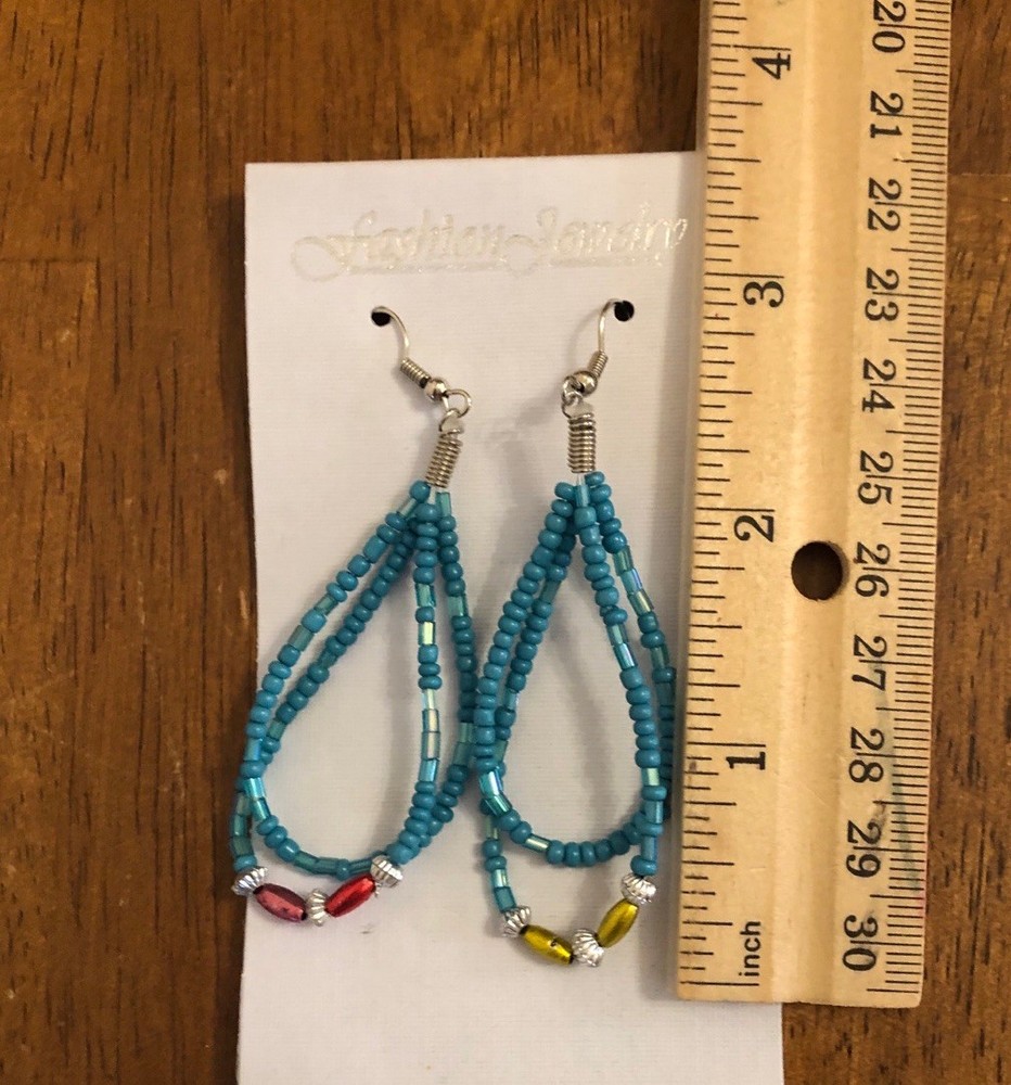 Beaded Earrings W/Matching Adjustable Beaded Ring Blue & Silver W/Accent Beads