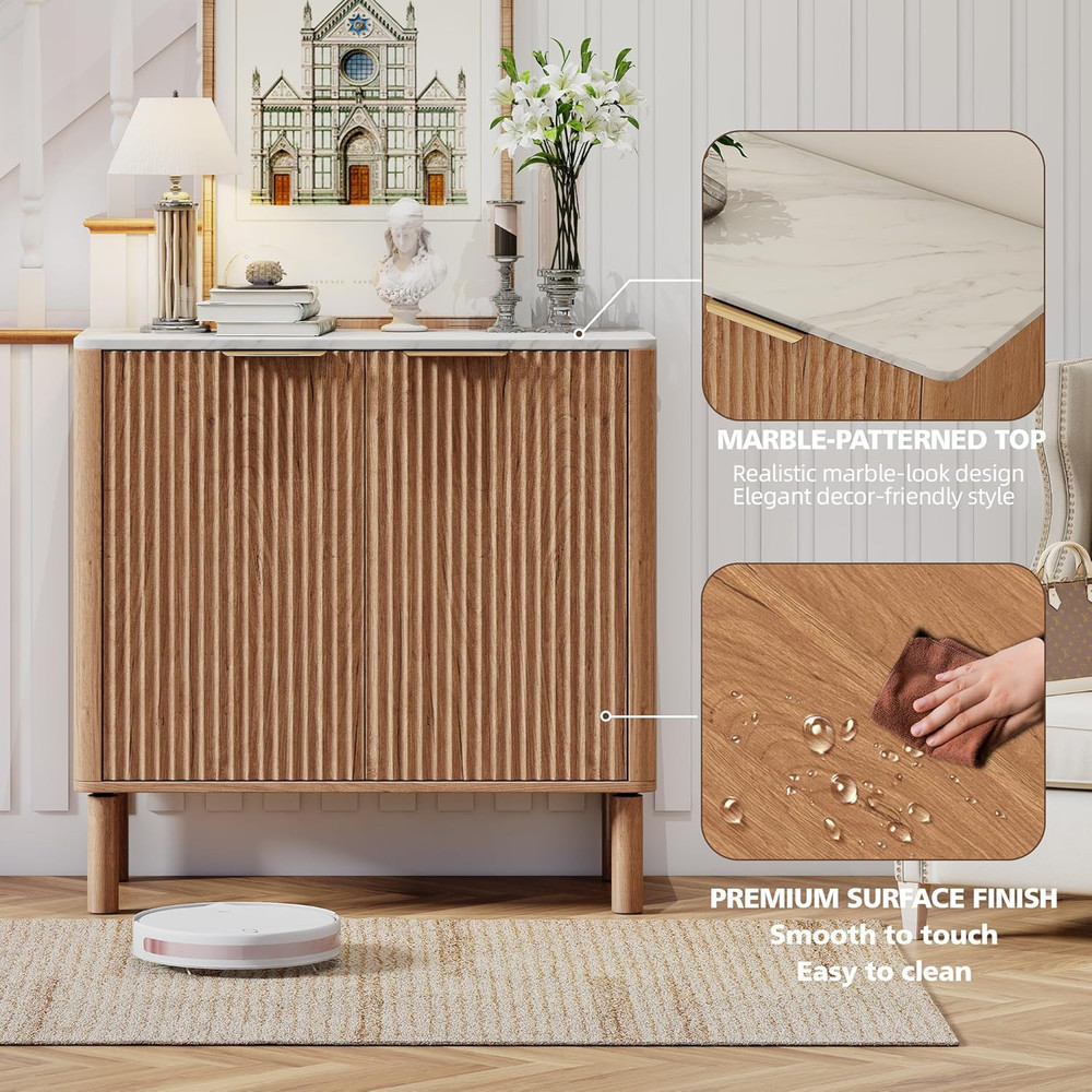 Fluted Cabinet with Storage,Metal Handle,Marble-Pattern Sideboard Buffet Cabinet