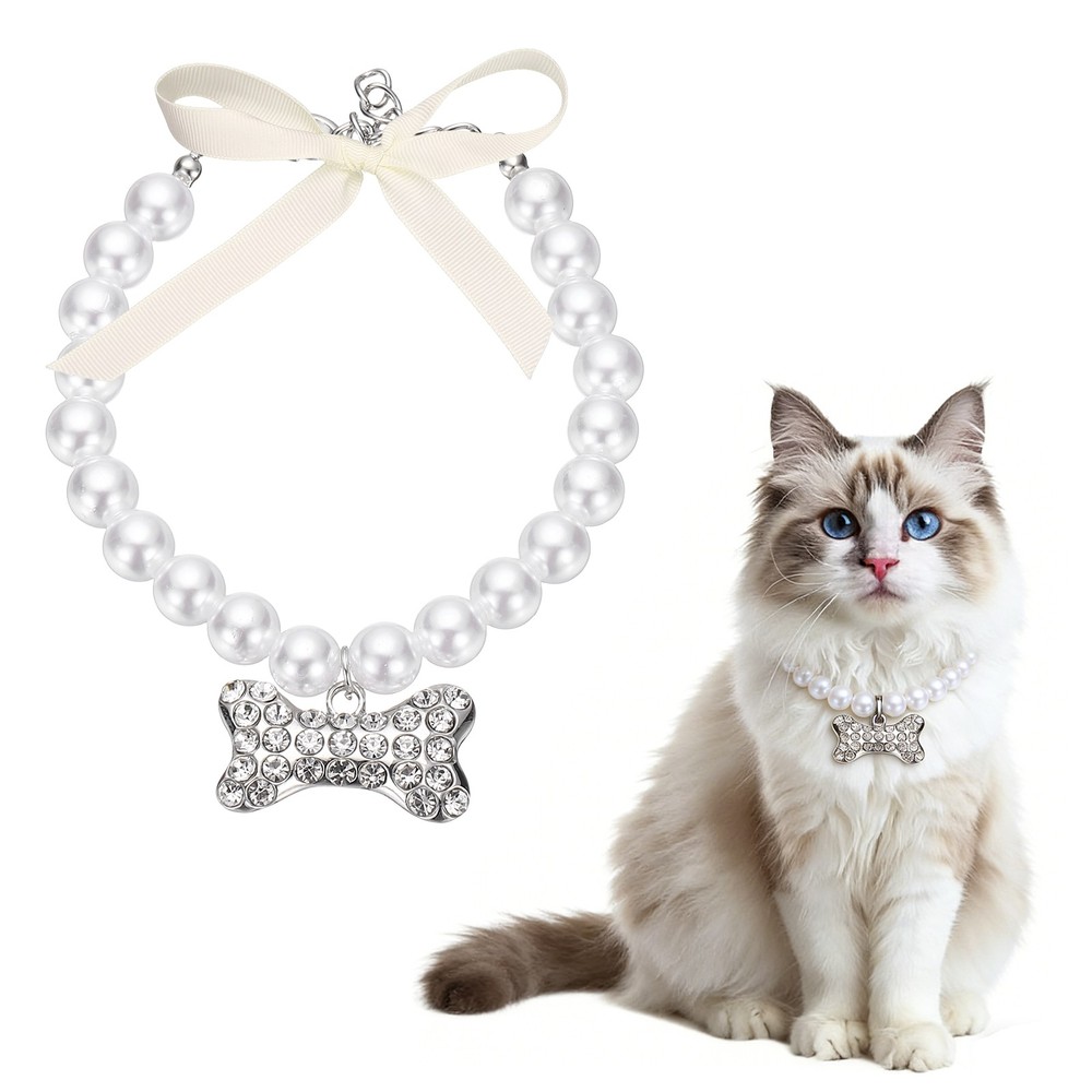 Cat Dog Pearl Collar, Small Bow Shape(S, White)