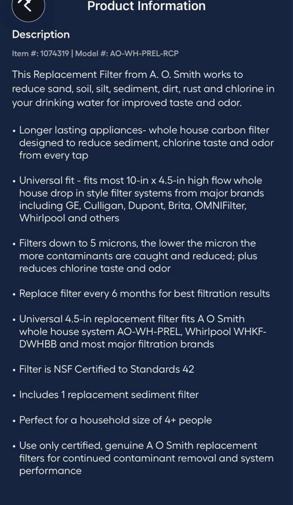 A.O. Smith 6month Whole House Replacement Filter