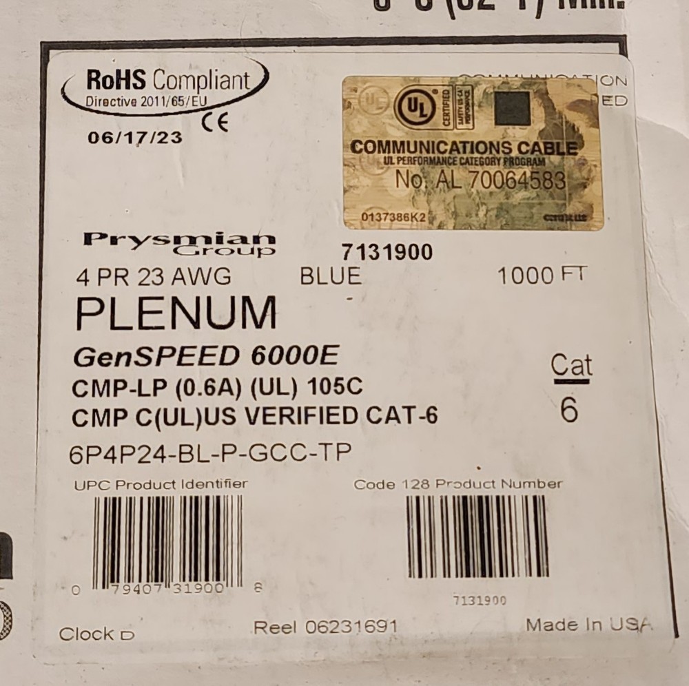 General Cable GenSPEED 6000 Enhanced Cat 6 CMP-LP, Plenum, Blue, 734’ Remaining