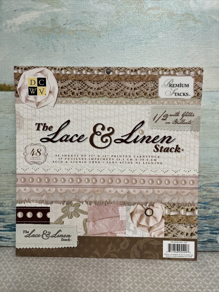 DCWV  Lace & Linen Stack 48 Printed Cardstock Sheets 1/2 W/ Glitter