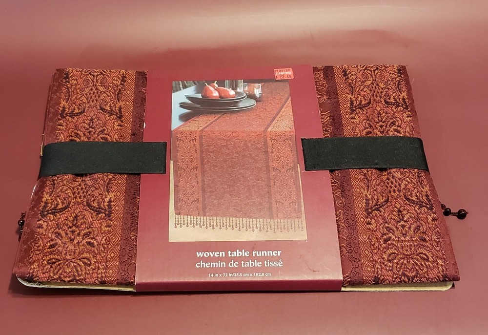 NWT Pier One Red and Gold Beaded Table Runner 14” X 72” Tapestry Pattern