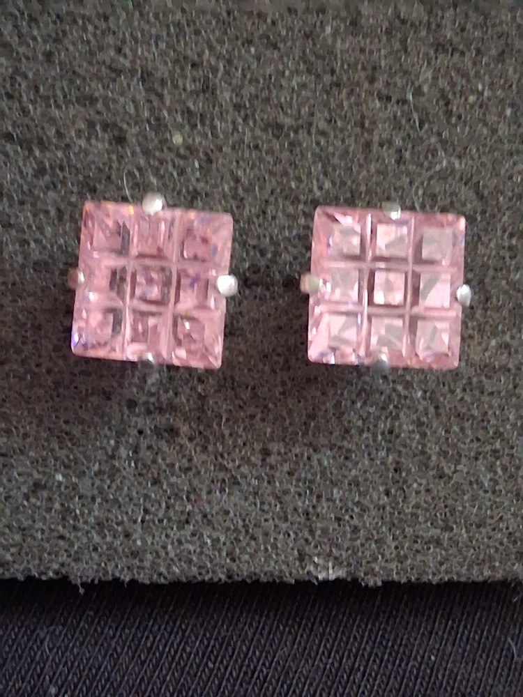 Sterling silver invisible cut pink stone grid pattern stud earrings, prong set