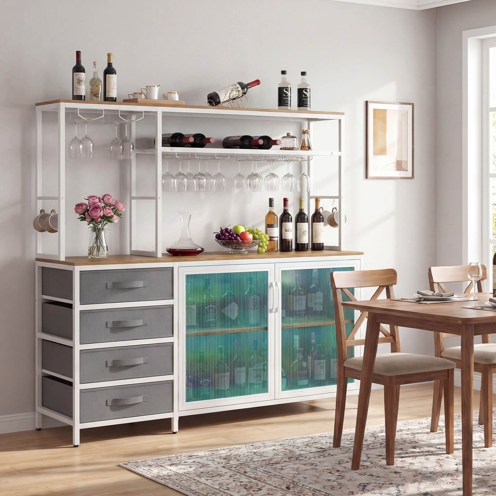 Sideboard Buffet Cabinet w/ LED Lights, 55" Coffee Table w/ Power Outlets