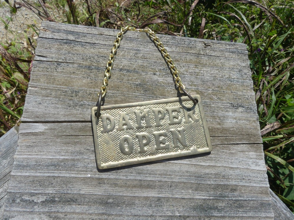 Vintage Solid Brass Fireplace Damper Sign – “Damper Closed” w Hanging Chain