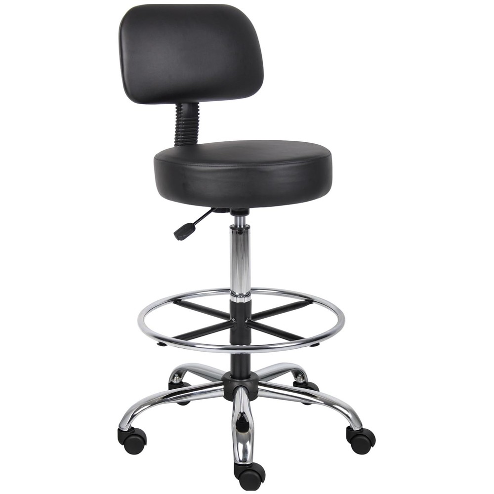Durable Black Vinyl Drafting Stool with Adjustable Height & Plush Back Support