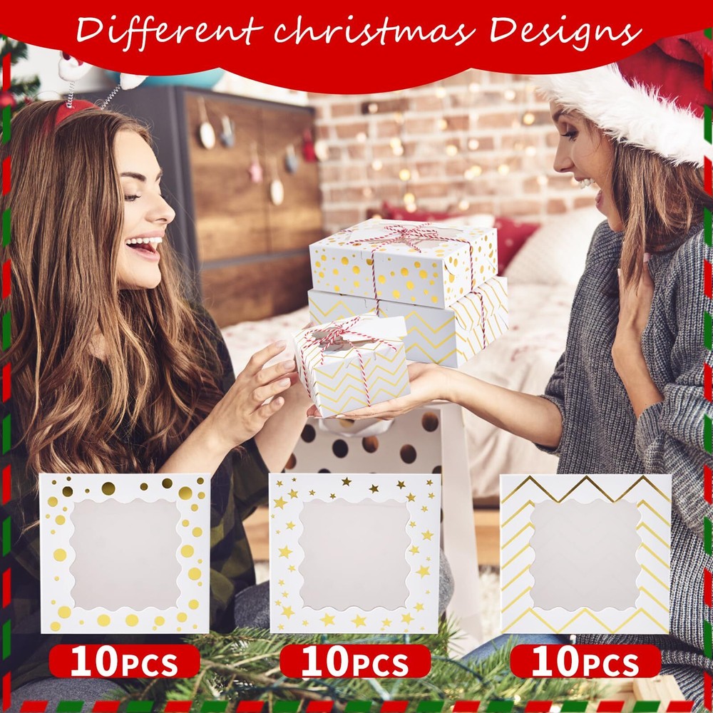 30pcs Christmas Cookie Boxes for Gift Giving 4x4x2.5in White Bakery Boxes wit...