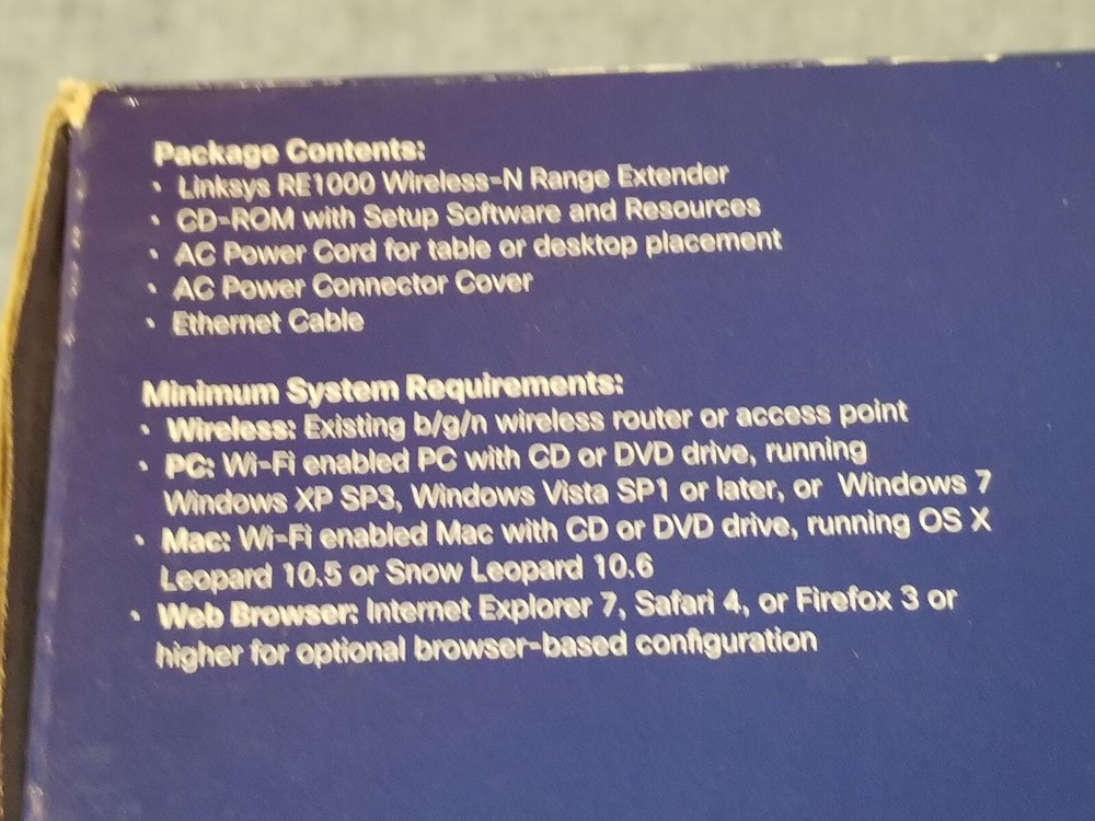 Cisco Linksys Wireless-N Range Extender RE1000 Original Device Box Cables Manual