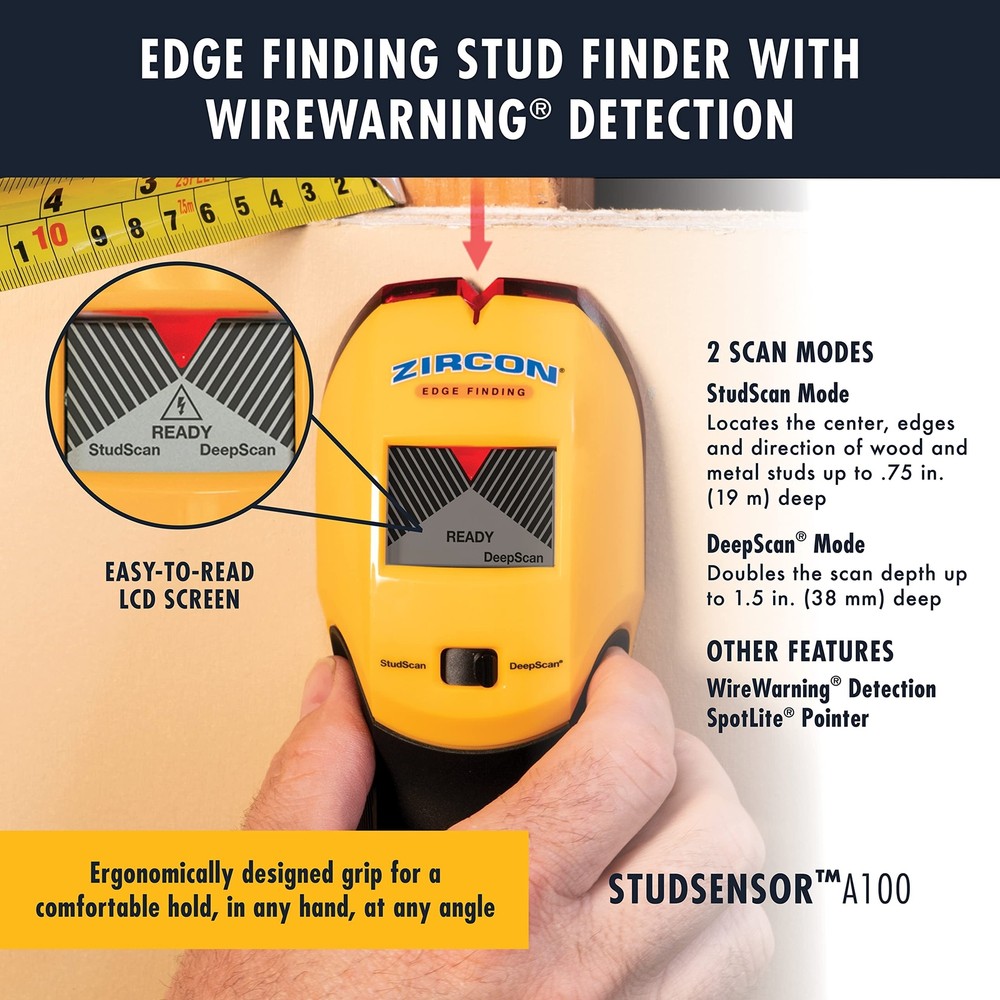 Zircon StudSensor A100 Wall Scanner and Center/Edge Locating Stud Finder with...