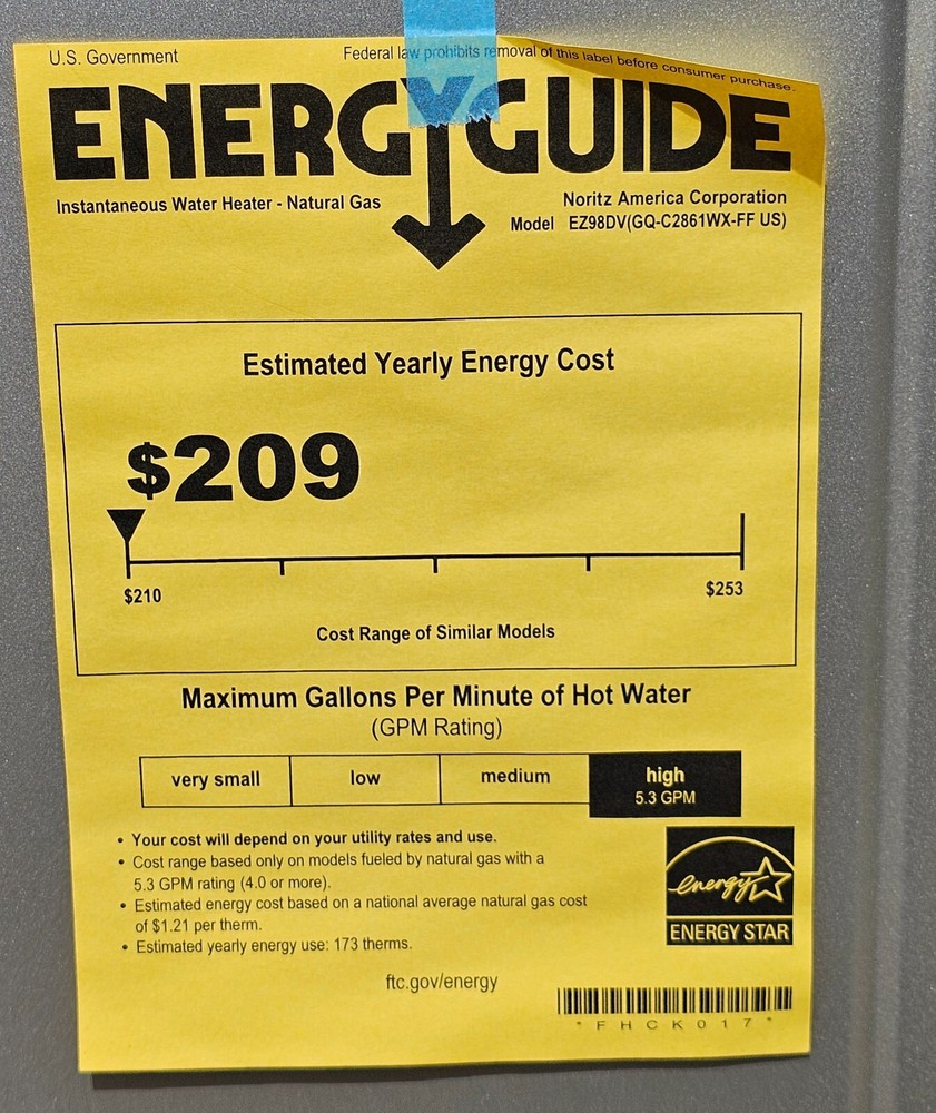 Noritz EZ98DV 180,000 BTU Indoor/Outdoor Residential Tankless Water Heater NG