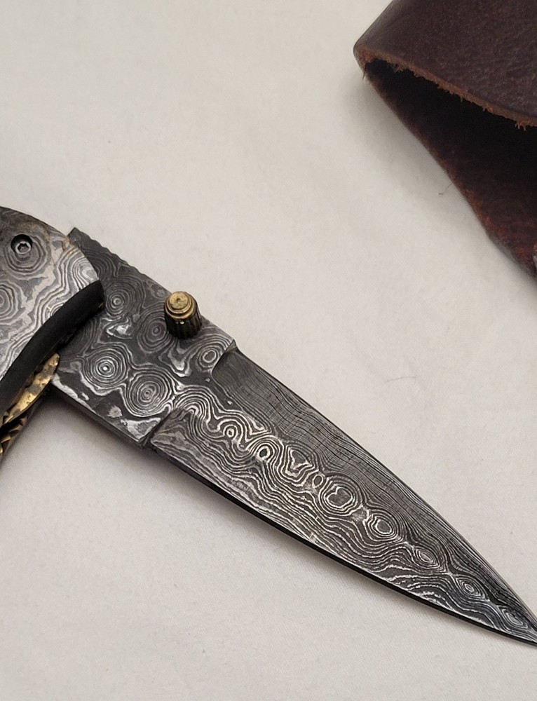 CFK Damascus Pocket Knife Ram Horn Handle