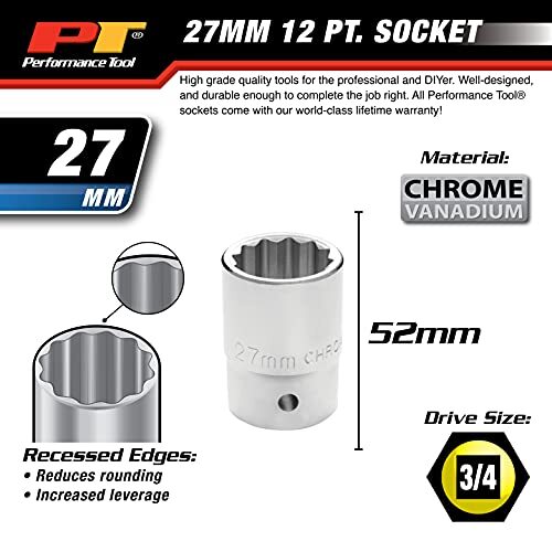 Performance Tool W34827 3/4" Drive 12-Point Standard Socket 27mm