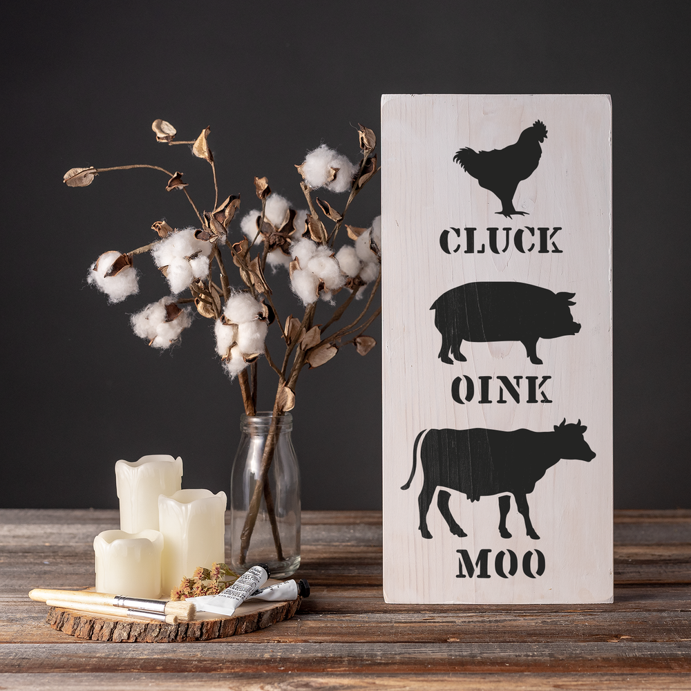 Cluck Oink Moo Stencil - Durable & Reusable Mylar Stencils