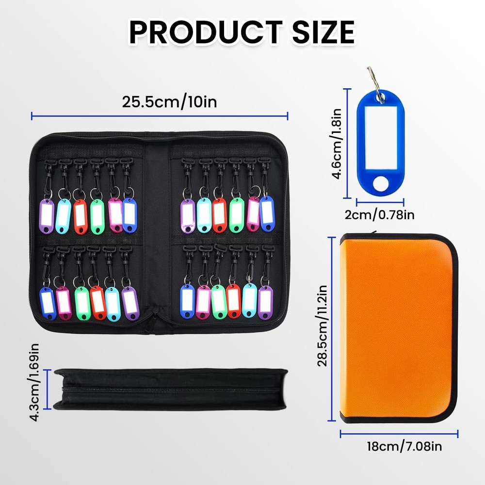 Zippered Key Case Organizer Fireproof Waterproof Binder 24 Hooks Tags