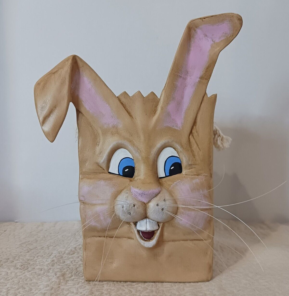 9" Ceramic Easter Bunny Bag Candy Basket w/Rope Handle & Whiskers
