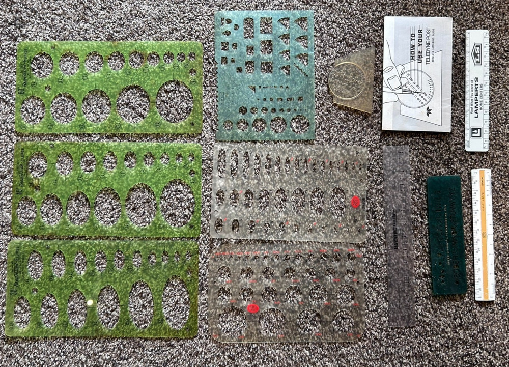 Vintage Drafting Tools Lot Triangles Templates Compass Slide Rule w/ Box