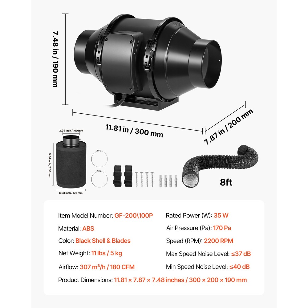4 Inch Inline Duct Fan 180 CFM with Filter and Speed Controller