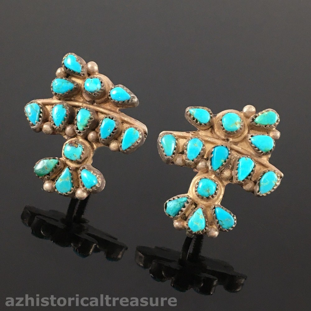 NATIVE AMERICAN ZUNI STERLING SILVER NATURAL & TURQUOISE E THUNDERBIRD EARRINGS