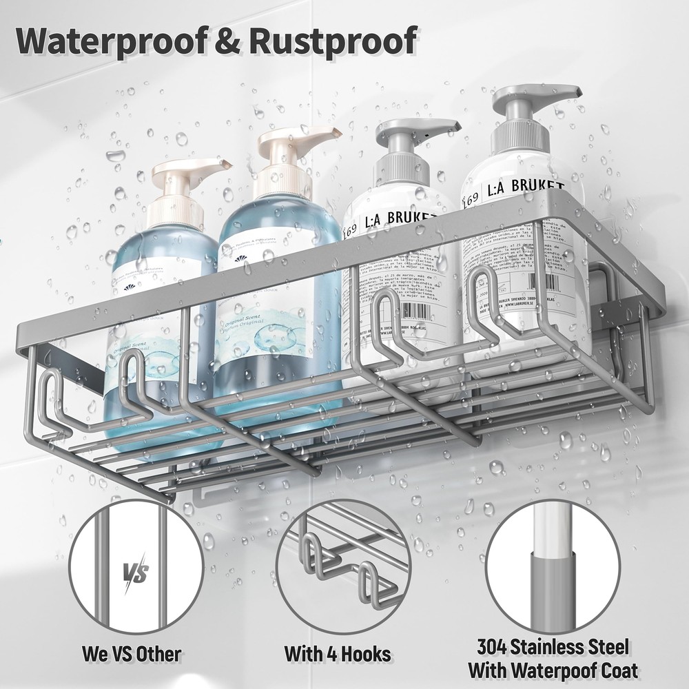 5 Pack Grey Shower Caddy Organizer Rustproof Stainless Steel Adhesive Mount