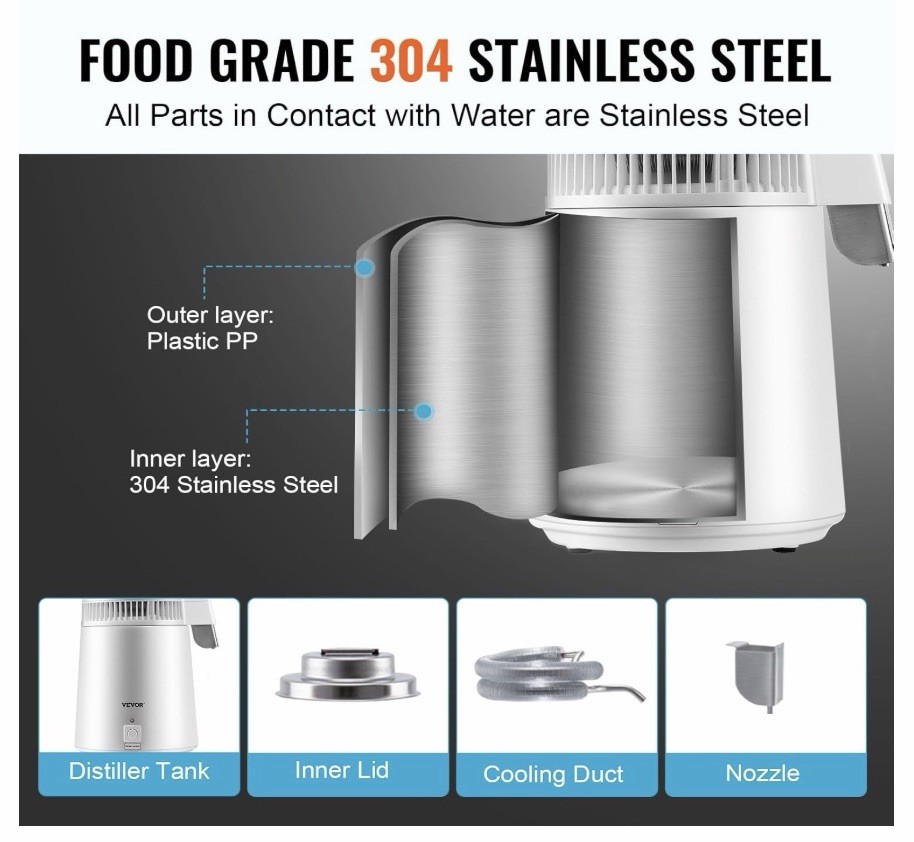 VEVOR YMK40101 Water Distiller 1.05 GAL 304 Stainless Steel For Aqua Optima