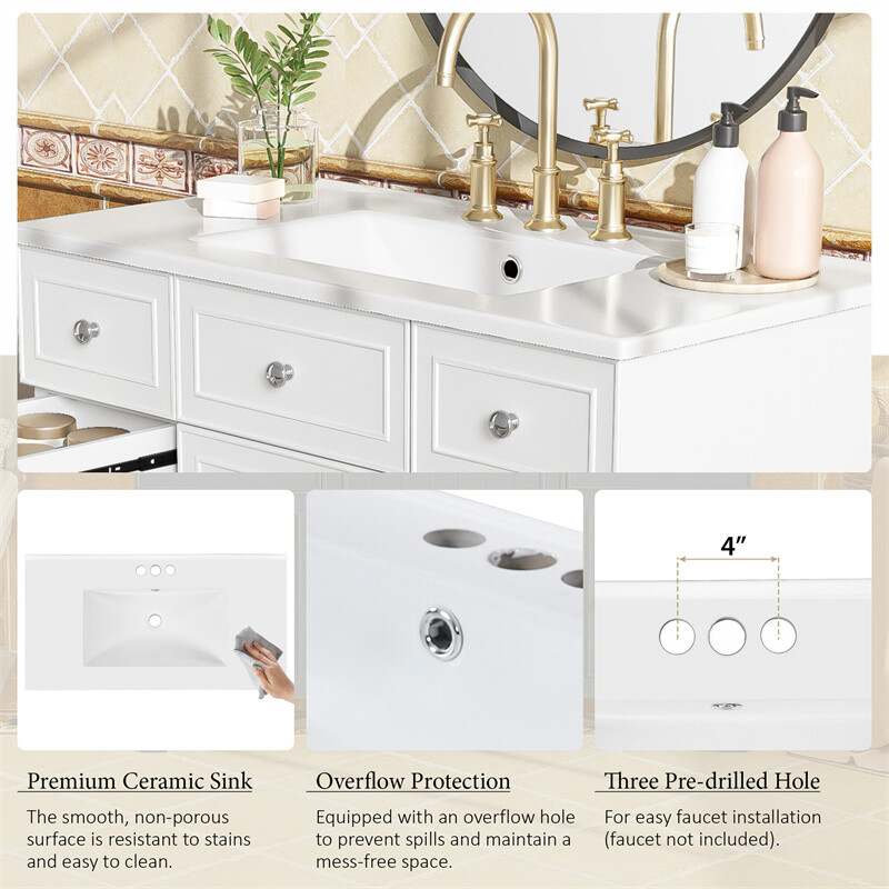 36" White Bathroom Vanity Set,Solid Wood Frame w/Ceramic Sink &Versatile Storage