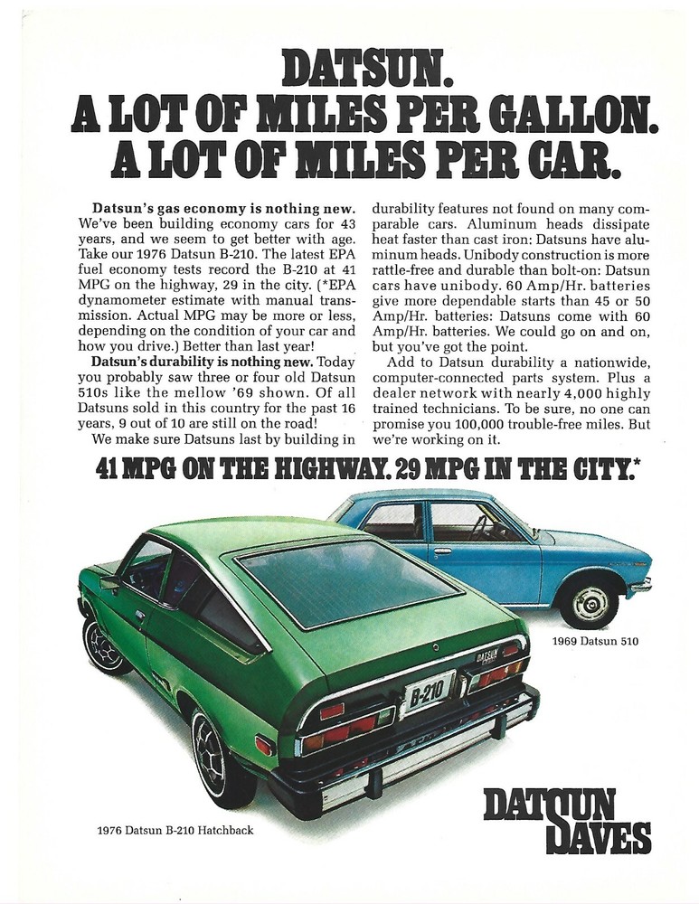 Datsun B-210 Hatchback Print Ad from January 1976