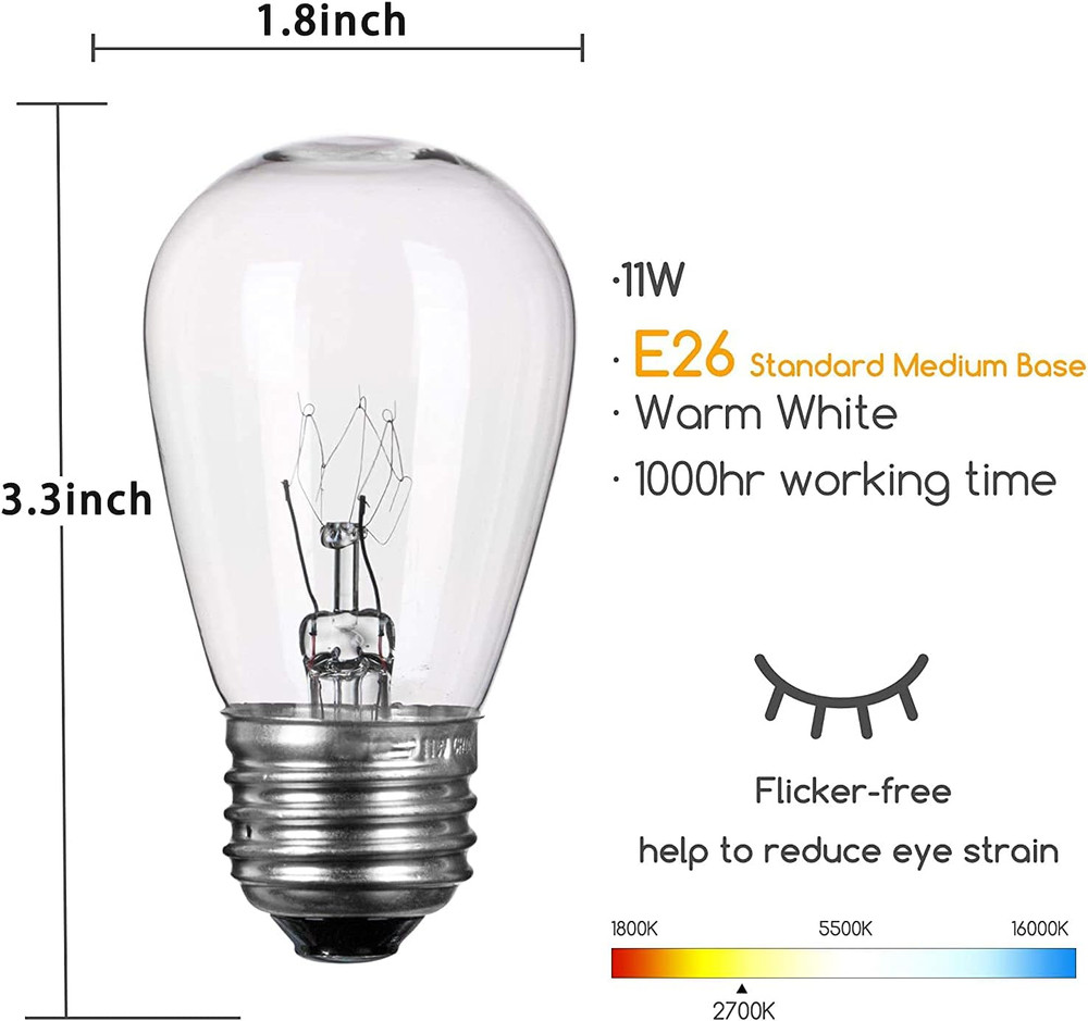 S14 Replacement Light Bulbs for String Lights, 11 Watt E26 Medium Standard Base,