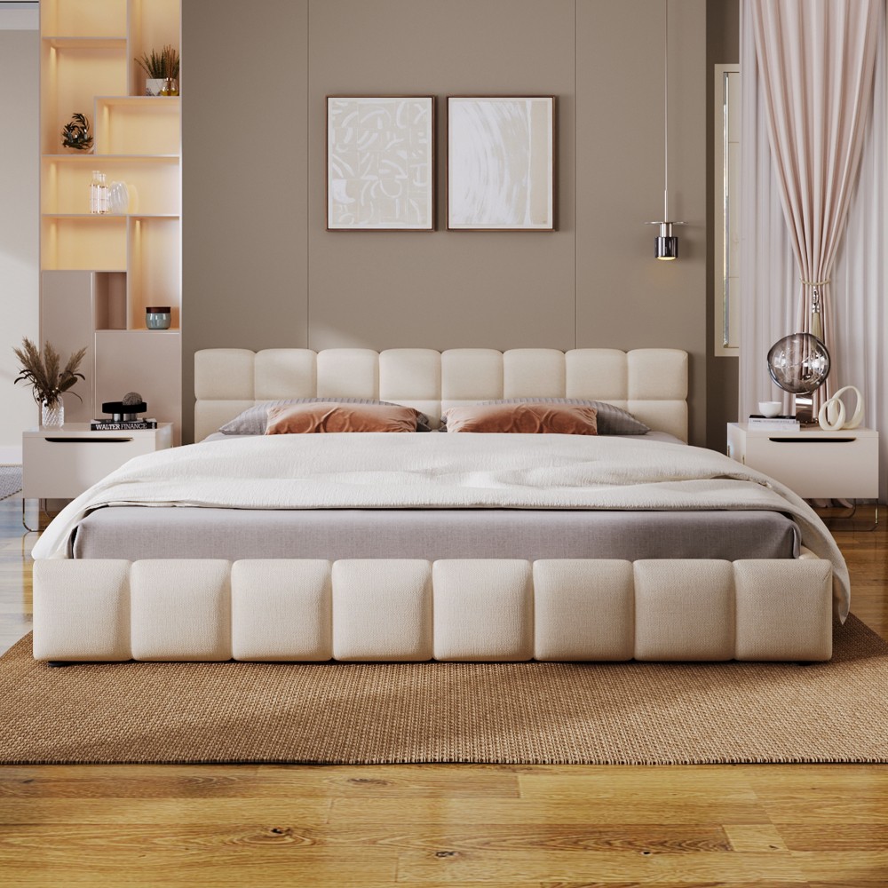 King Size Chenille Upholstered Bed w/ Checkerboard Headboard, Beige