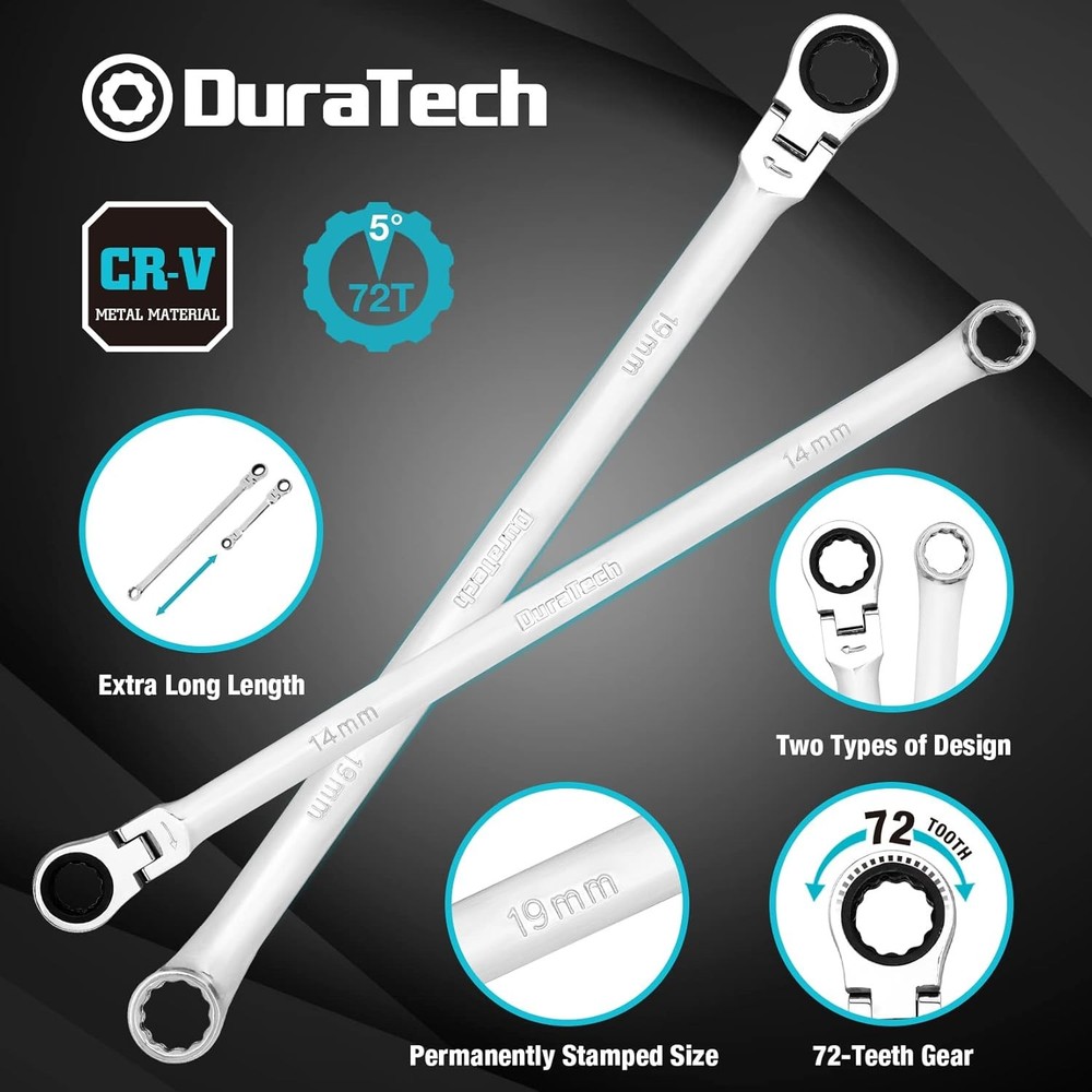 DURATECH 27PCS Extra Long Flex Head Ratcheting Wrench Set, 8-22mm