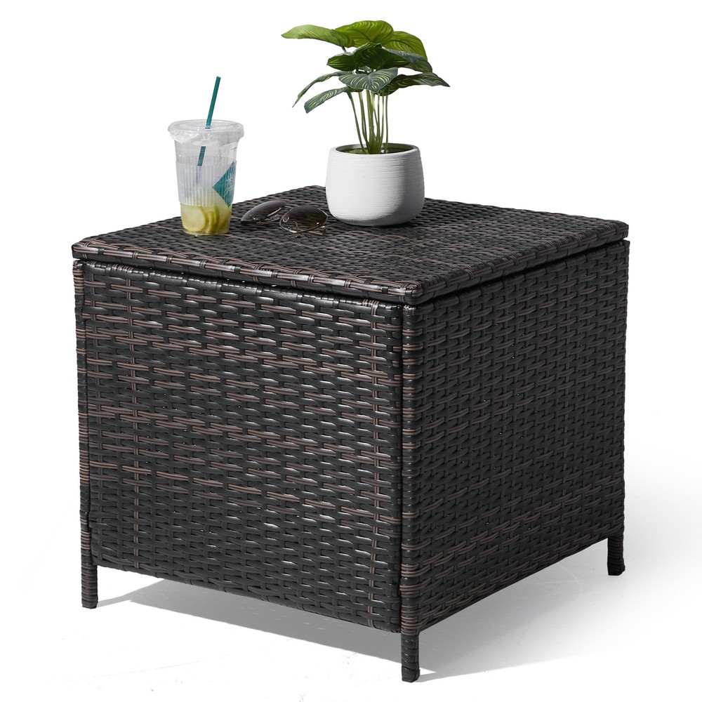 PE Wicker Side Table with Storage,Patio Rattan End Table Square Container