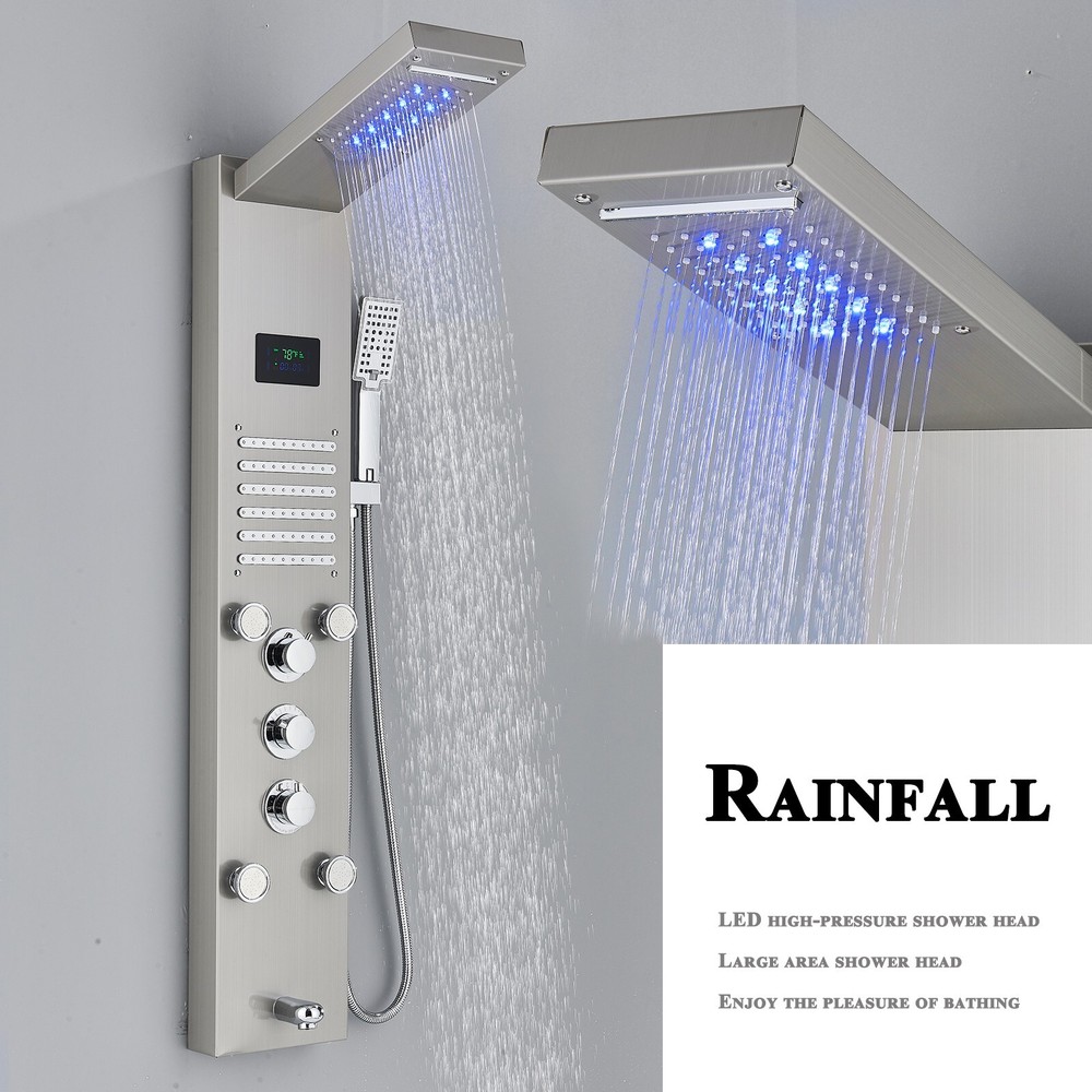 ELLO&ALLO Shower Panel Tower System Brushed Nickel LED Rainfall Massage Jets Tap