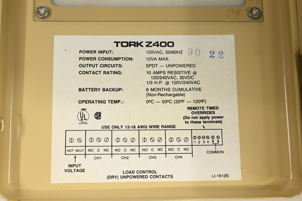Tork Z400 :Timer 120V Input : Operating Temp32F-120F