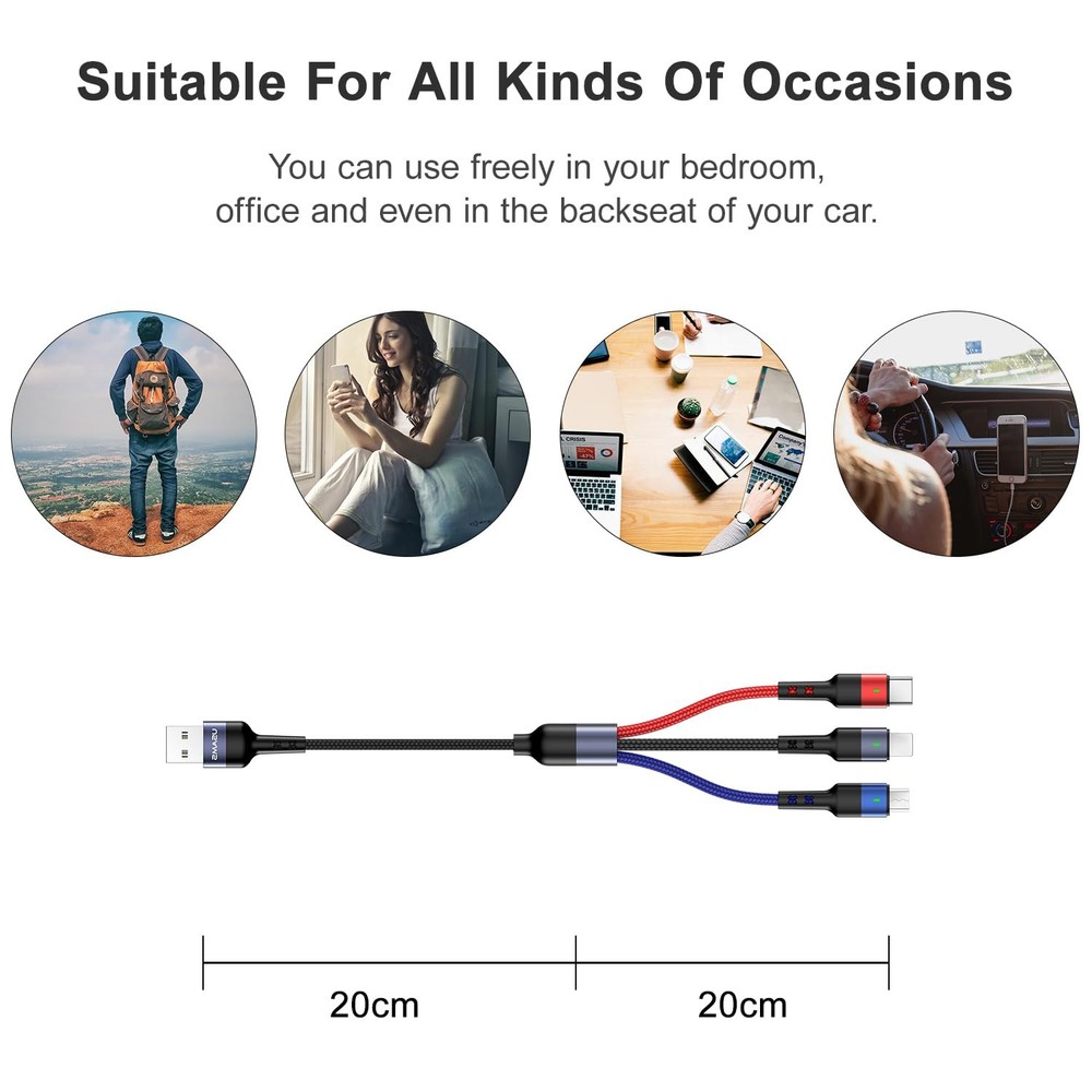 USAMS Multi USB Cable 1ft 2Pack Short 3 in 1 Charging 1FT, Multicolored