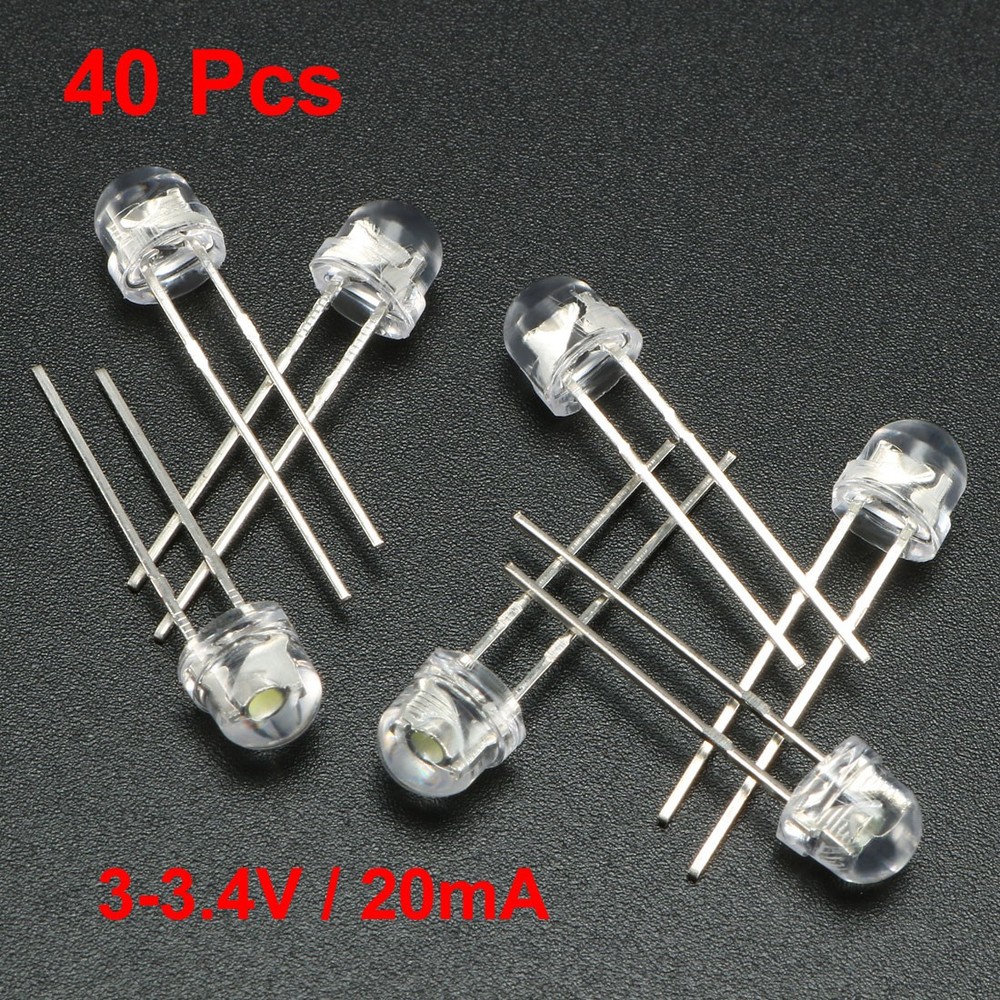 40pcs 5mm White LED Diode Lighting Electronics Component Emitting Light 3-3.4V