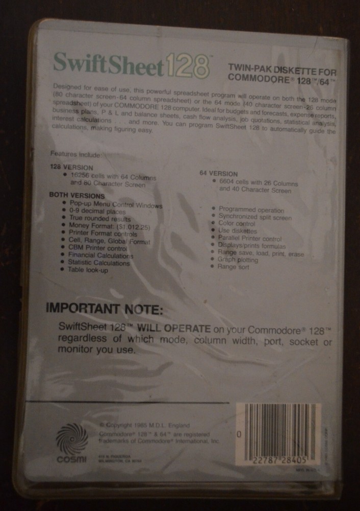 Cosmi SwiftSheet128 spreadsheet (incl. C64 Version) - Tested Diskette