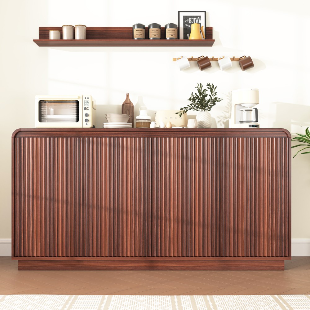 Walnut TV Stand with Power Outlet, Adjustable Storage, Fluted Handleless