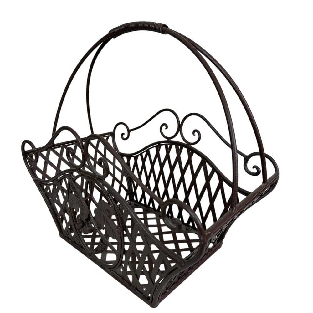 Cast Iron Decorative Basket Plant Holder Lattice Scroll Handle Rustic Planter