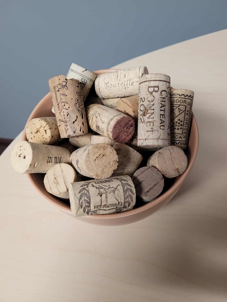 30 Used Wine Corks & Ceramic Bowl Fall Kitchen Decor Upcycle Wedding