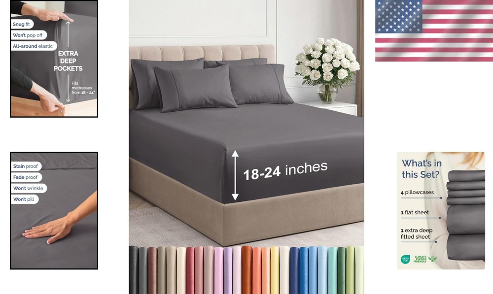 Extra Deep Queen Sheet Set - 6 Piece Luxury Cooling Microfiber Bedding - Grey