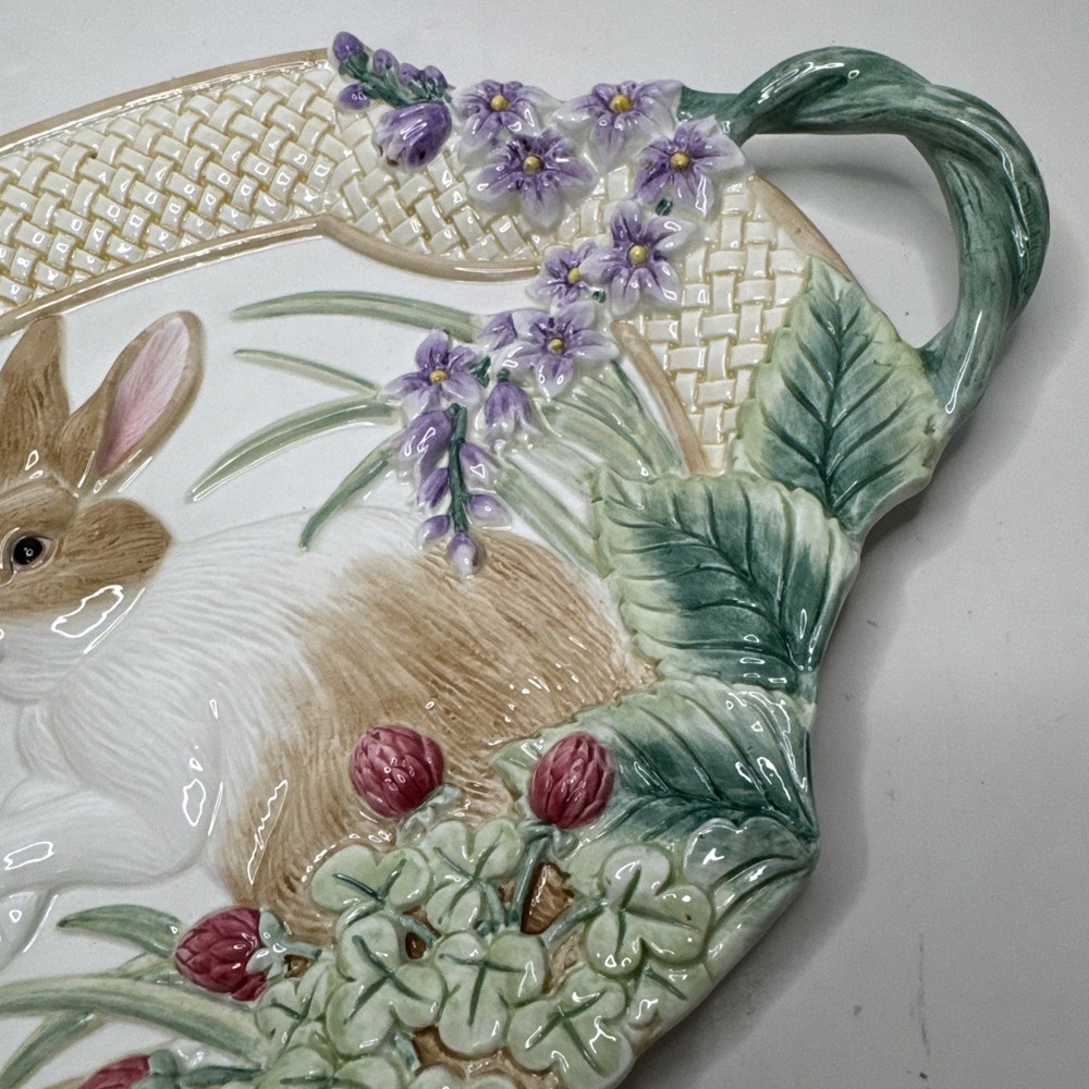 Fitz and Floyd Essentials Botanical Bunny 16" Platter w/ Handles Handpainted EUC