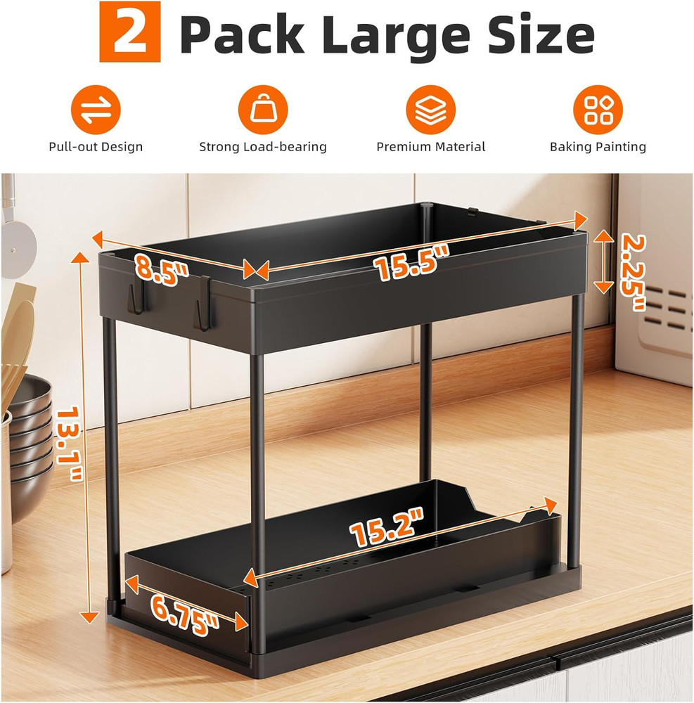 Under Sink Organizer 2 Pack, Sink Pull-Out Sliding Storage Cabinet, 2-Tier Under