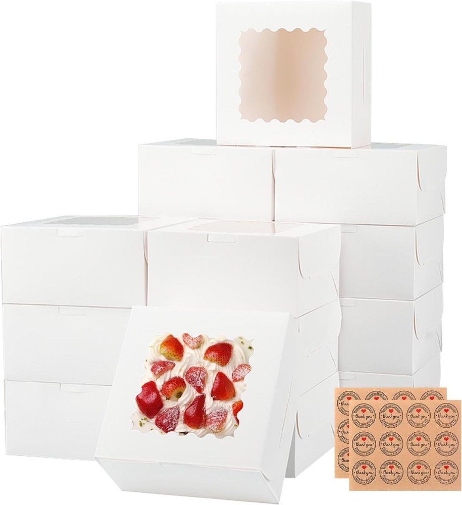 6x6x3 Inches Bakery Boxes, White Bakery Boxes with Window for Valentines