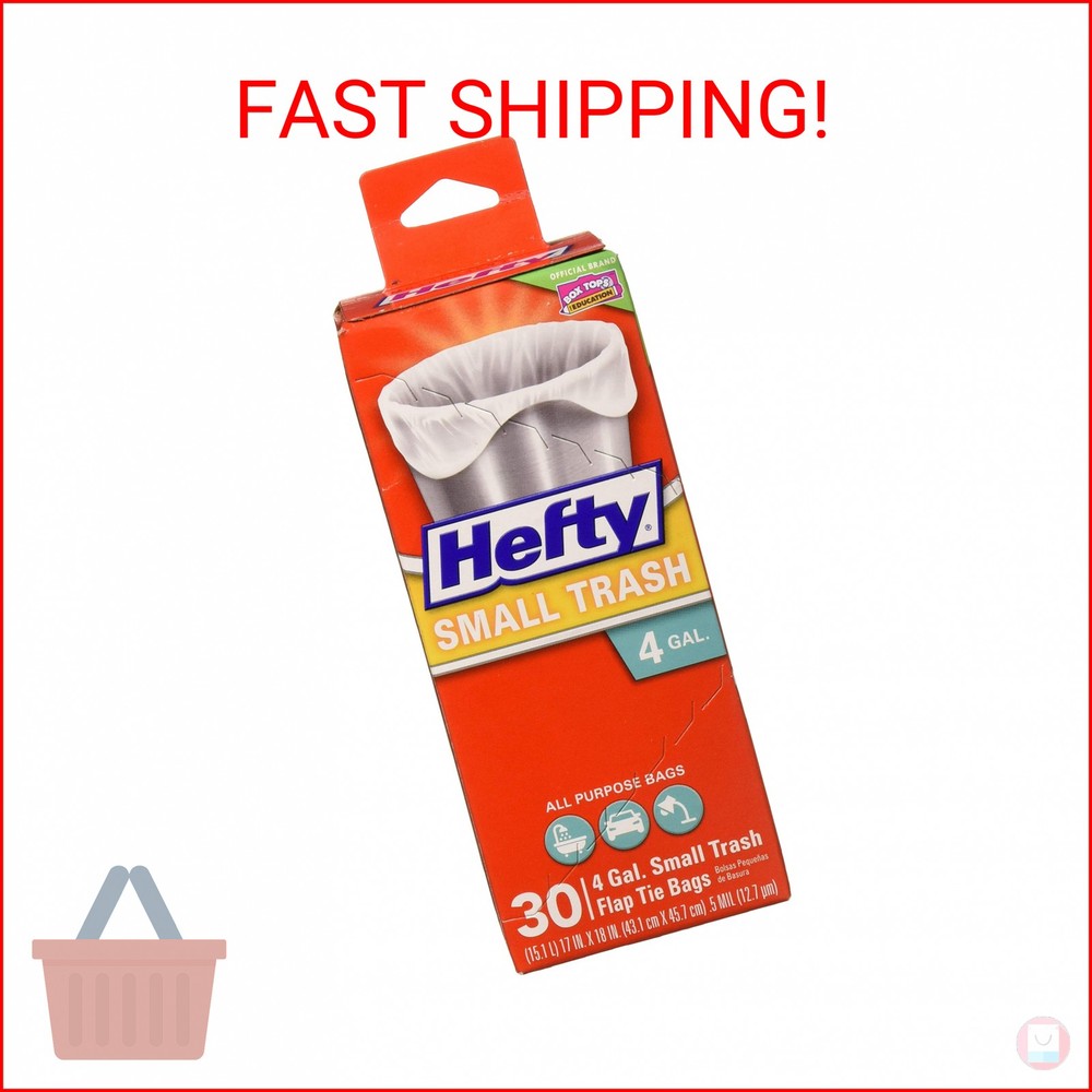 Hefty Small Trash Flap Tie Bag, 4 Gal Capacity, Gray, 30 Count