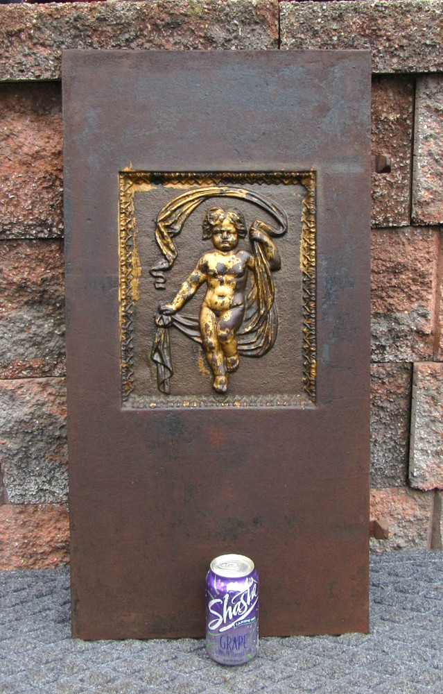 Antique Victorian Cherub Cast Iron Fireplace Insert Fireback w Gate Marks
