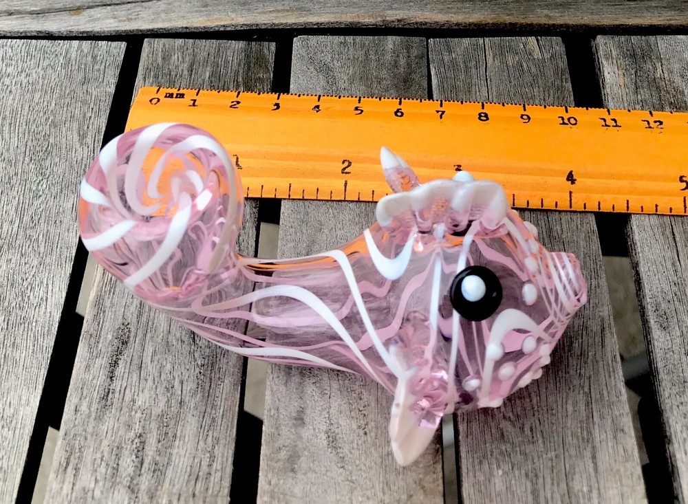 Fish Shaped Glass Hand Pipe(Pink)White Colored Stripes.