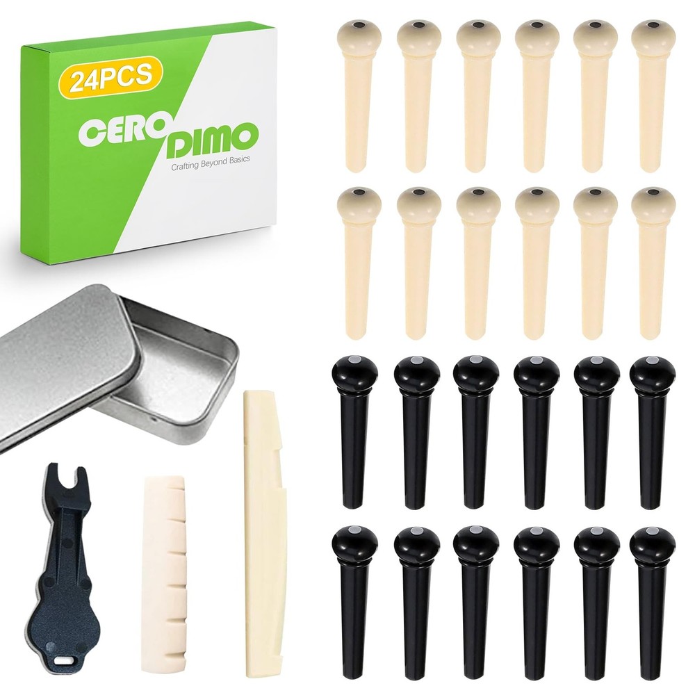 24 PCS Acoustic Guitar Bridge Pins with Puller Remover Tool, Saddle and Nut, ...