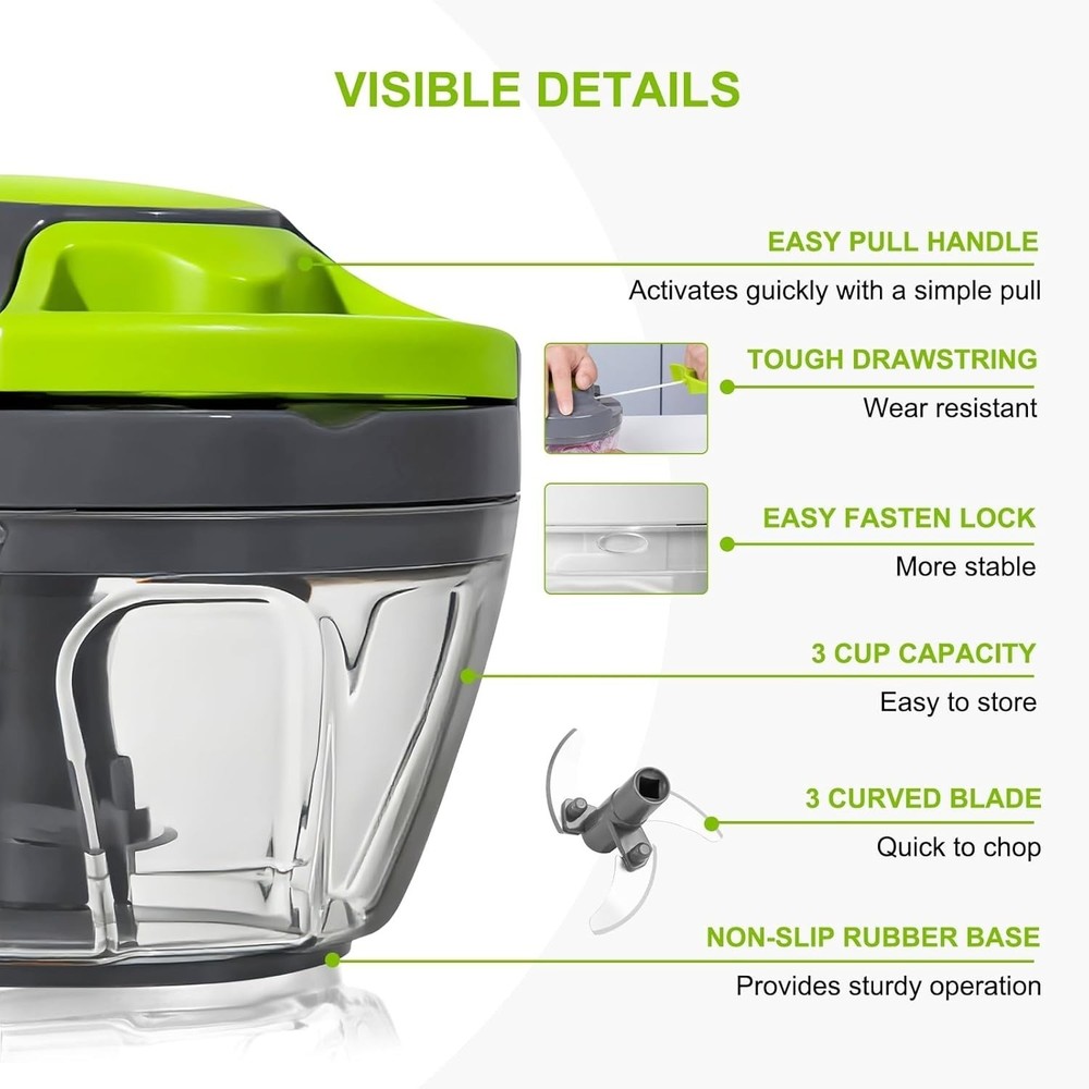 Manual Food Processor Vegetable Chopper 500ml – Hand Pull String Garlic Mincer,