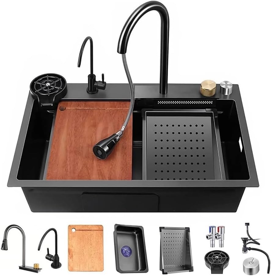 Stainless Steel Drop In Kitchen Sink Black Waterfall